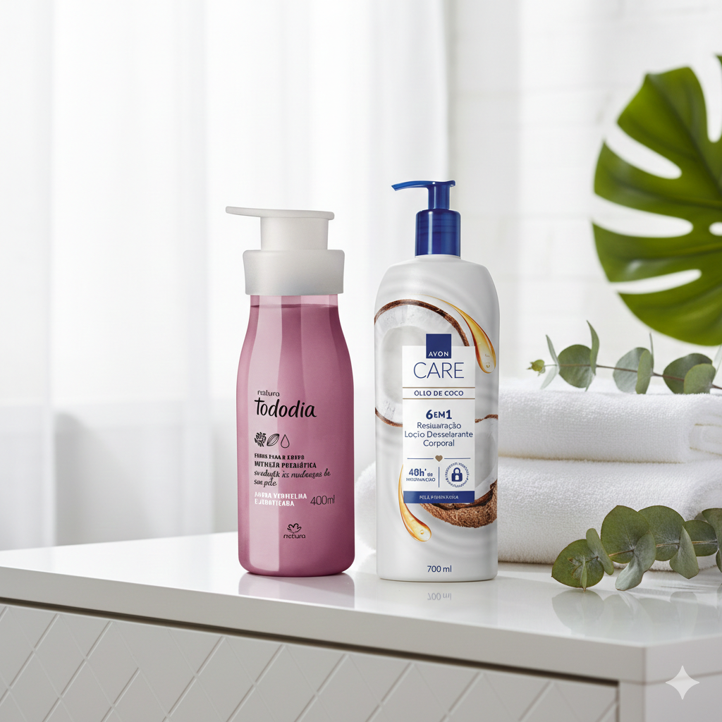 Hidratantes corporais Natura e Avon com fragrâncias variadas, cuidados diários com hidratação profunda e tecnologia probiótica