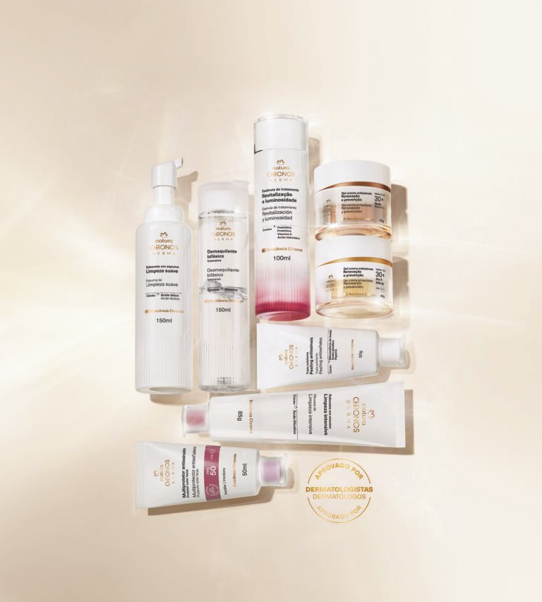 Skincare Chronos Natura com linha completa de tratamento facial, sérum multiclareador, antissinais por idade e protetor FPS 70
