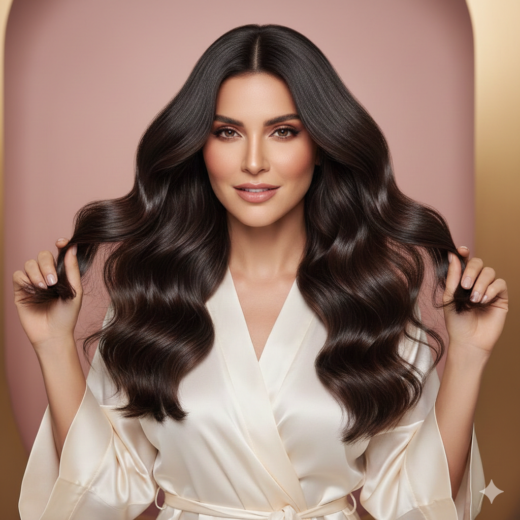 Mulher com cabelo saudável e brilhante representando tratamento capilar com linhas Siàge Eudora e rotina de cronograma capilar.