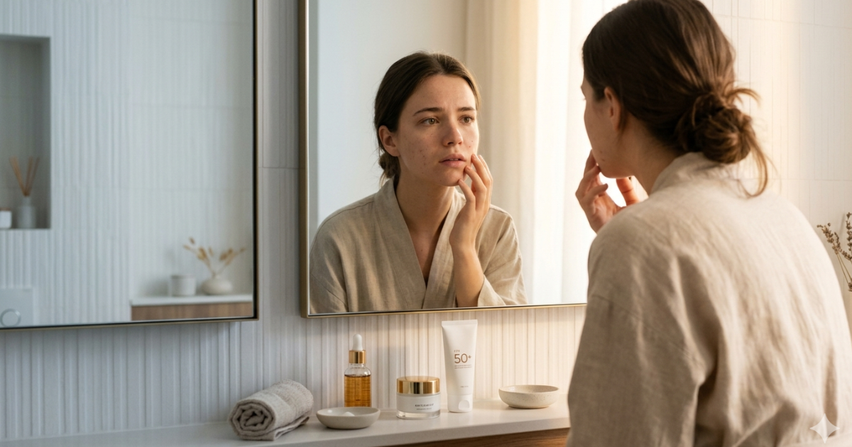 Mulher analisando a pele no espelho com expressão preocupada, representando erros de skincare e cuidados com a pele incorretos, com produtos como sérum, hidratante e protetor solar ao fundo.