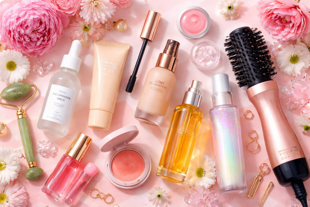 produtos de beleza mais vendidos com itens de skincare, maquiagem e cuidados capilares