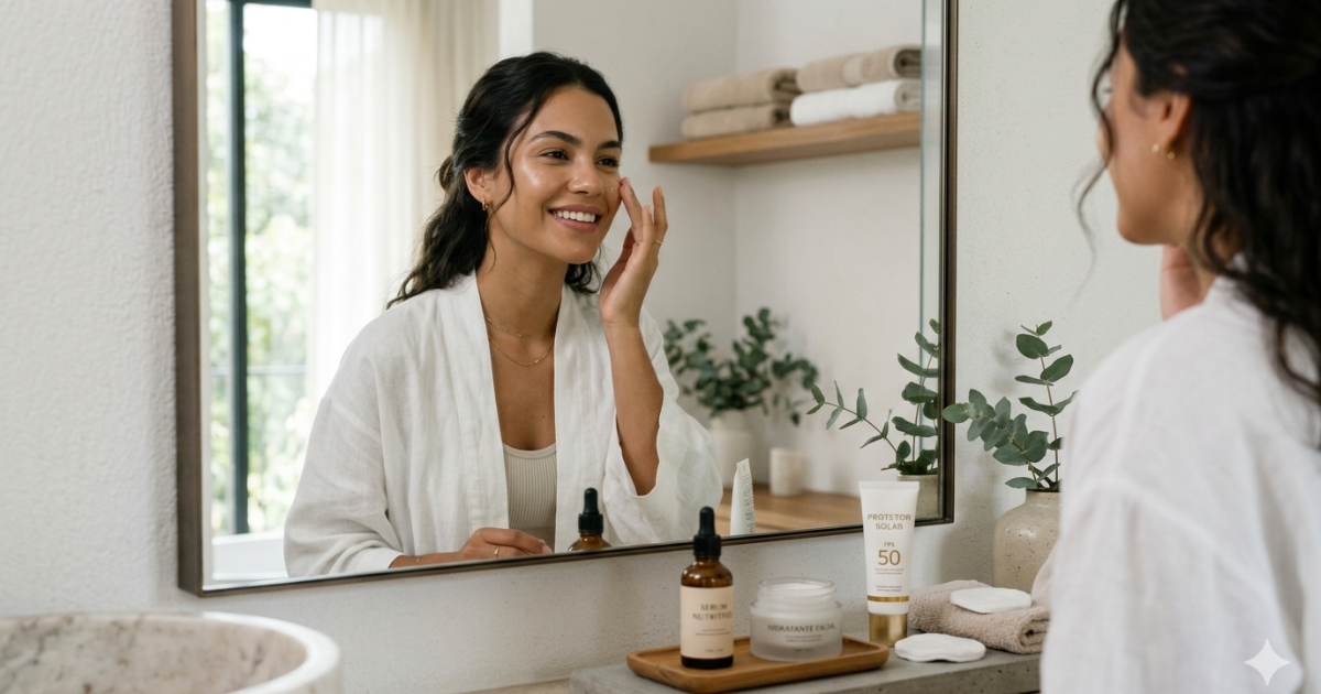 Mulher jovem realizando rotina de skincare em ambiente minimalista, com produtos como sérum, hidratante e protetor solar, representando cuidados com a pele e rotina de skincare perfeita em 2026.