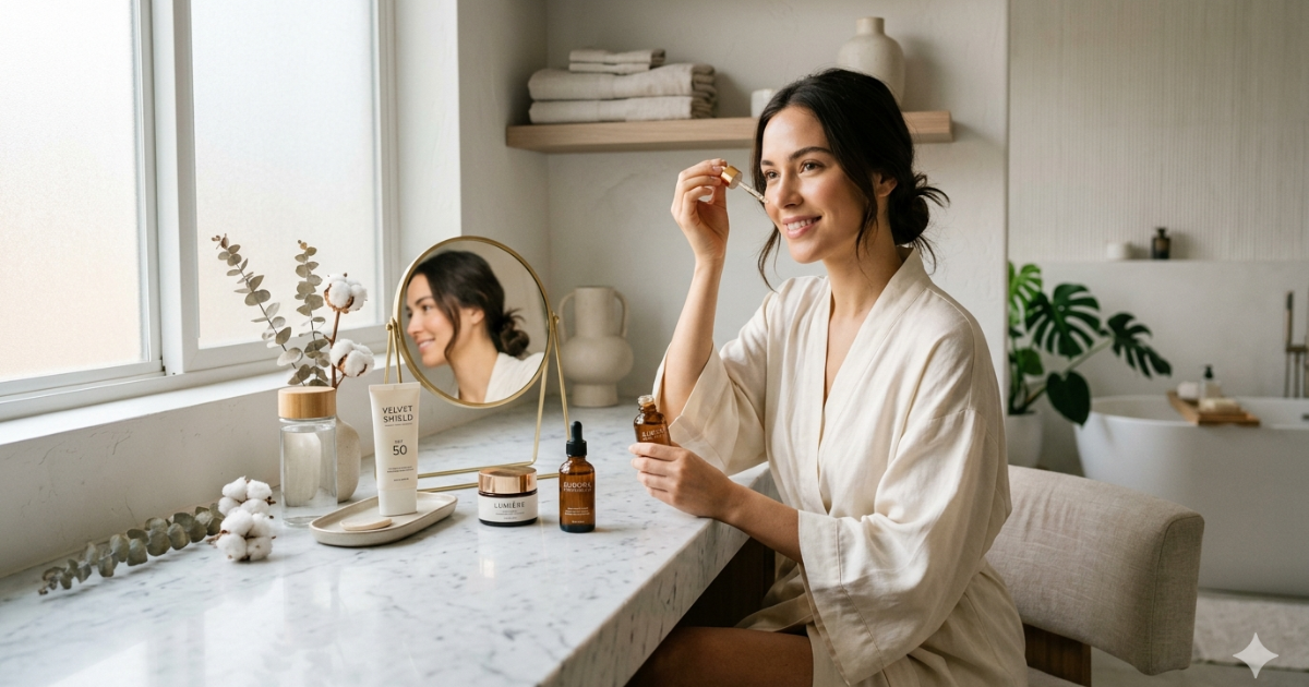 Mulher jovem aplicando produtos de skincare em um ambiente minimalista e elegante. Imagem realista e cinematográfica representando as principais tendências de beleza 2026, autocuidado e rotina de skincare.