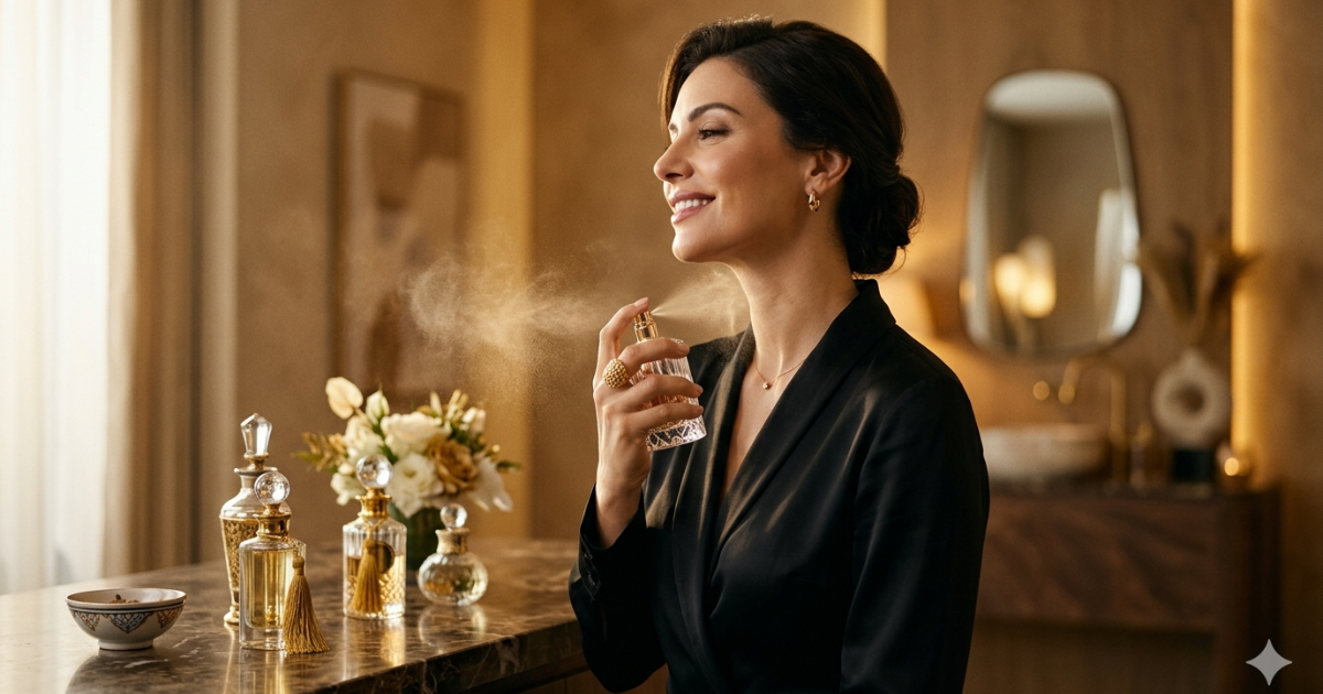 Perfumes árabes femininos sendo aplicados por mulher elegante, com frascos sofisticados ao fundo, representando fragrâncias marcantes, de alta fixação e muito elogiadas.