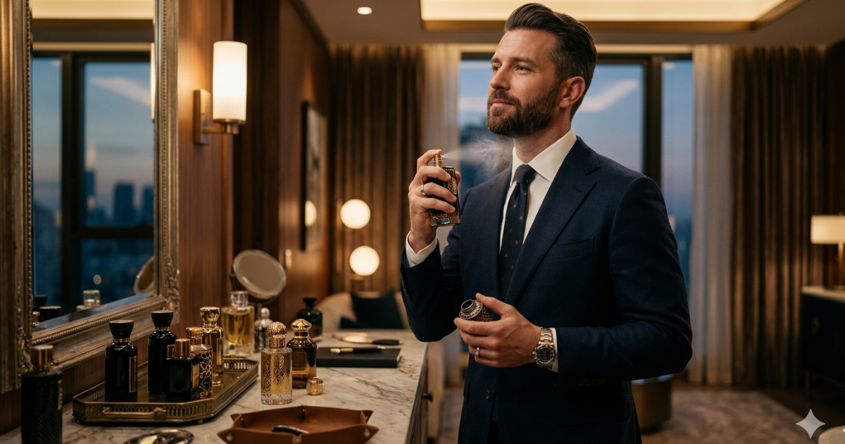 Perfumes árabes masculinos sendo aplicados por homem elegante, com frascos sofisticados ao fundo, representando fragrâncias marcantes, intensas e de alta fixação.