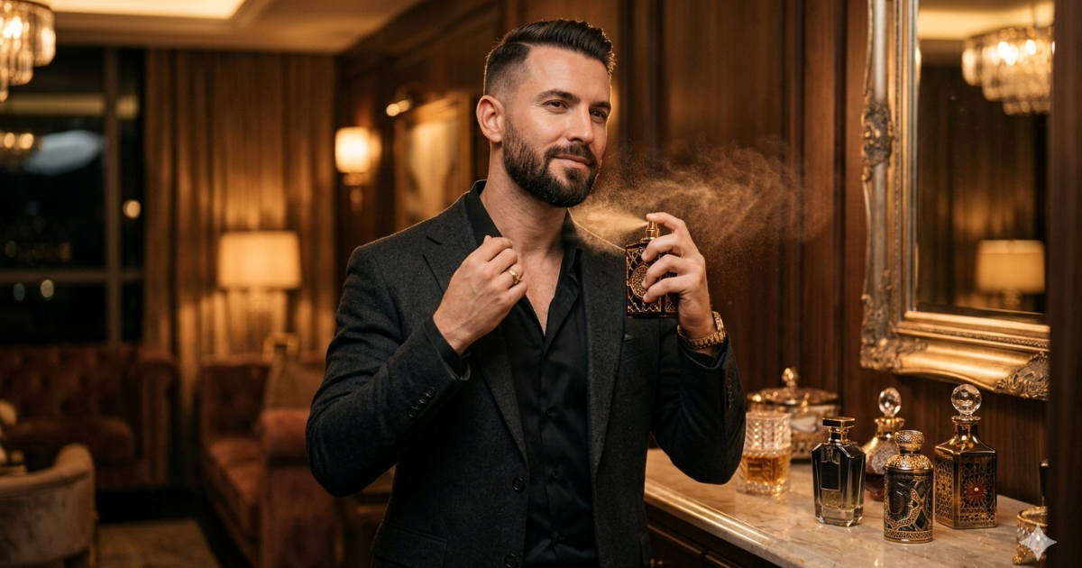 Homem elegante aplicando perfume com frascos sofisticados ao fundo, representando perfumes que fixam mais de 12 horas e deixam fragrância duradoura e marcante.