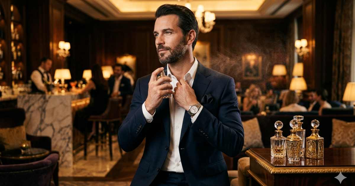 Homem elegante aplicando perfume em ambiente sofisticado, representando os perfumes mais elogiados de 2026 com fragrâncias marcantes e de alta presença.