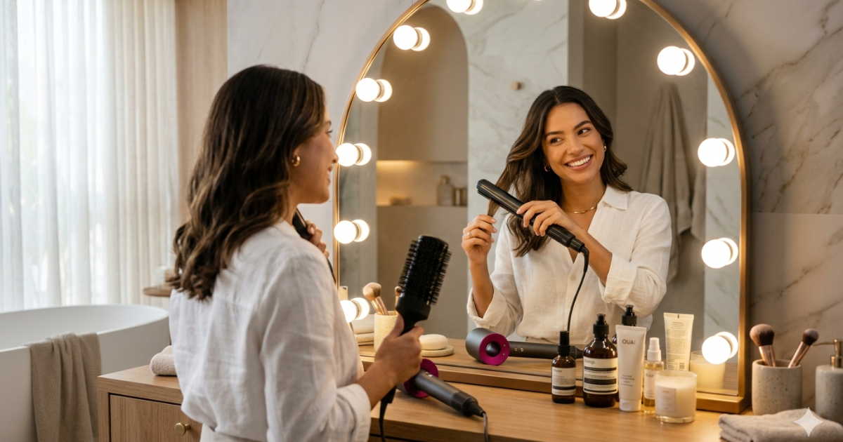 Mulher utilizando produtos essenciais de beleza feminina em rotina de cuidados com cabelo em casa