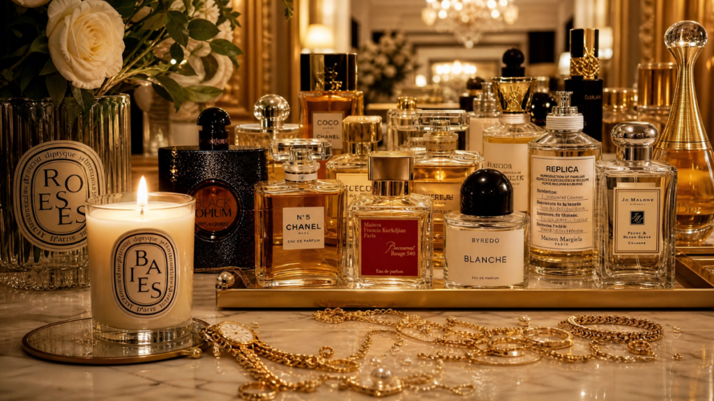 Coleção de perfumes importados e joias sobre bancada, evocando o conceito de perfumes femininos cheiro de rica.
