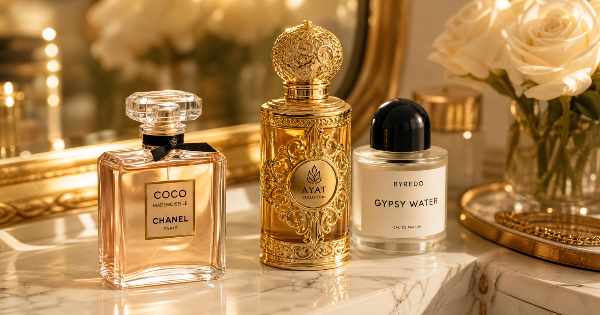 Frascos luxuosos de perfumes femininos mais cheirosos sobre penteadeira de mármore com iluminação quente.