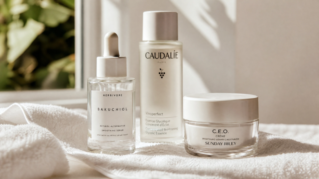Três produtos essenciais de skincare minimalista em embalagens de vidro sobre toalha branca macia.