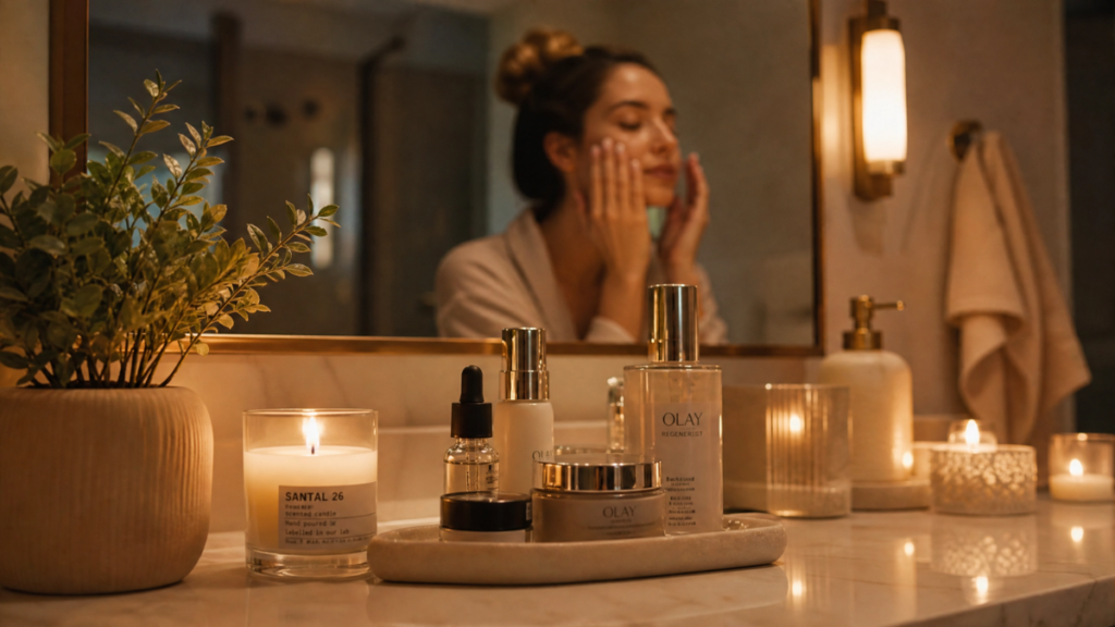 Mulher em momento de autocuidado realizando skincare para pele oleosa em banheiro com iluminação quente e velas.