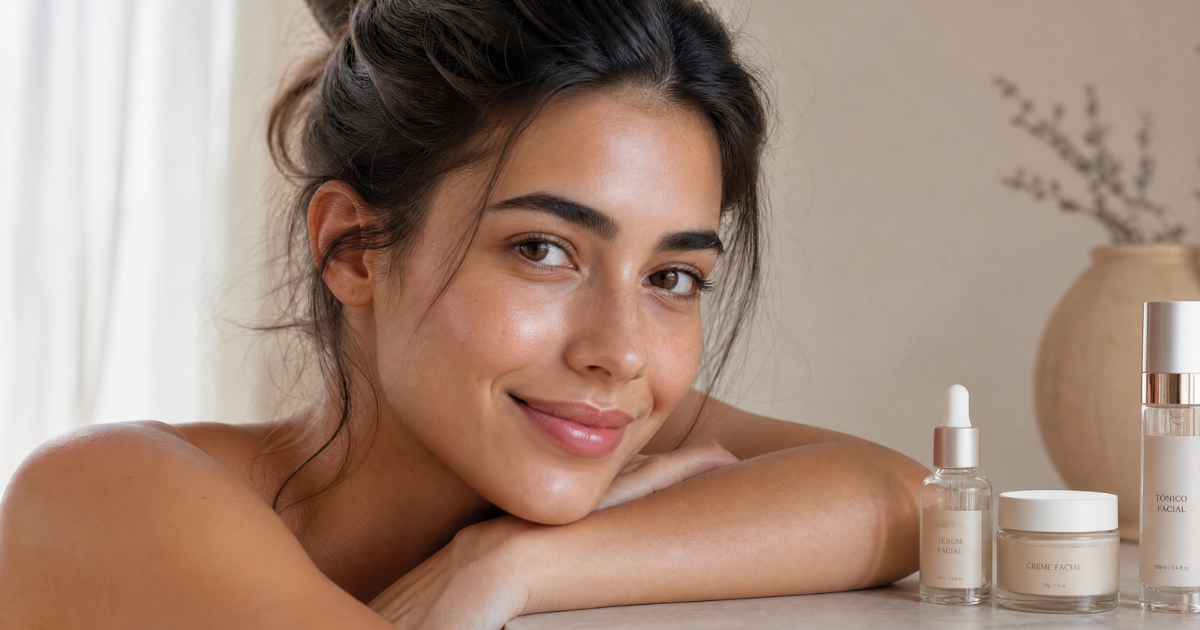 Mulher com pele radiante e natural representando o conceito de skincare minimalista e beleza descomplicada.