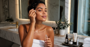 Mulher aplicando sérum facial em rotina de skincare para pele oleosa em banheiro moderno com iluminação cinematográfica e produtos de beleza.