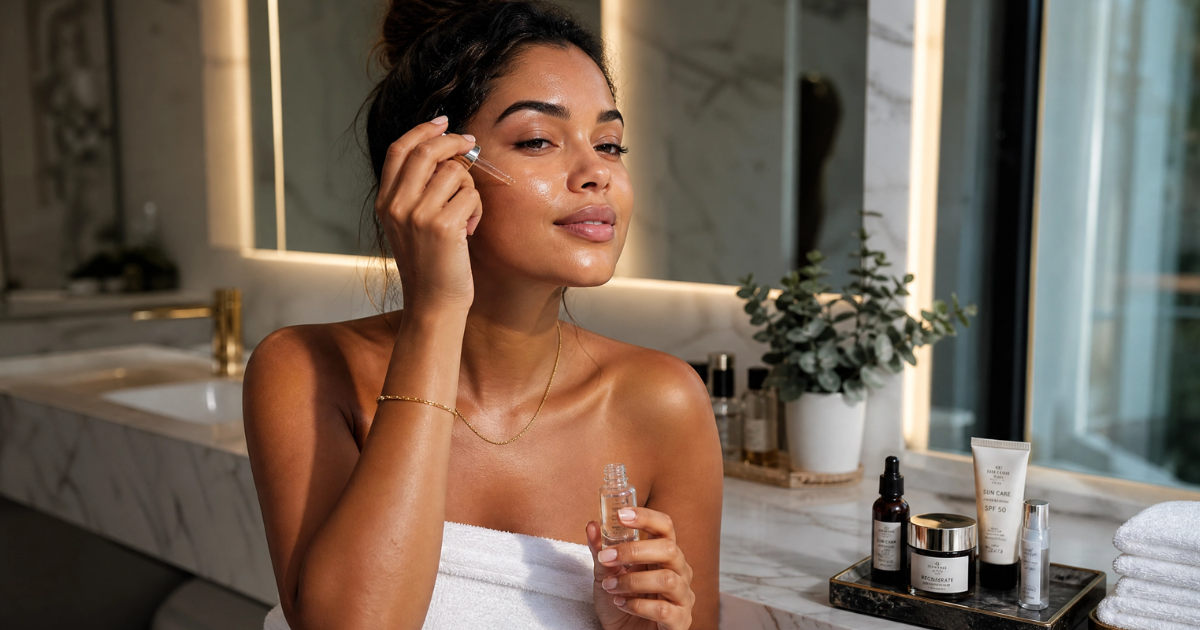 Mulher aplicando sérum facial em rotina de skincare para pele oleosa em banheiro moderno com iluminação cinematográfica e produtos de beleza.